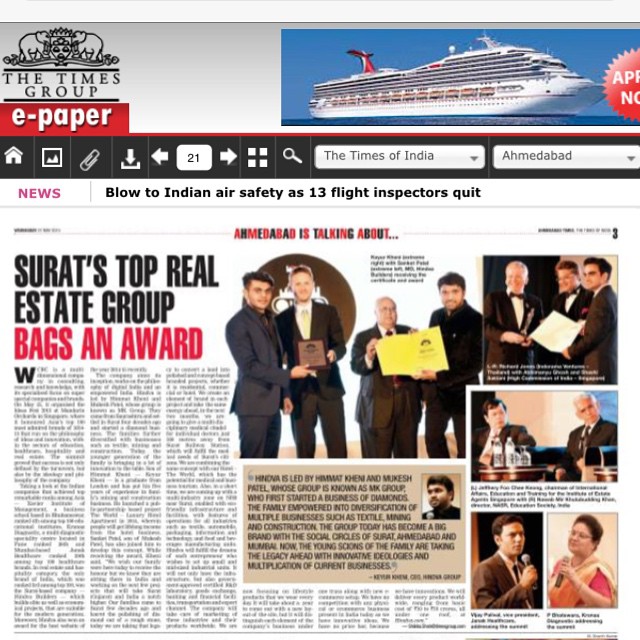 ToI Ahmedabad – 27.05.2015 – Hindva bags an Award of Fastest Growing Brand of Top 100 Asia